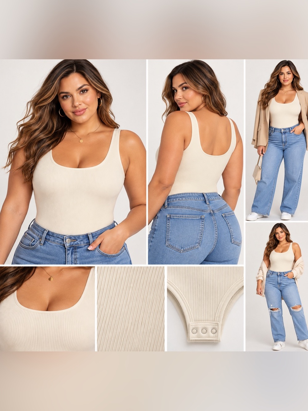 OQQ Ribbed Cream Beige Bodysuit Stretch Scoop Neck Tank XXL